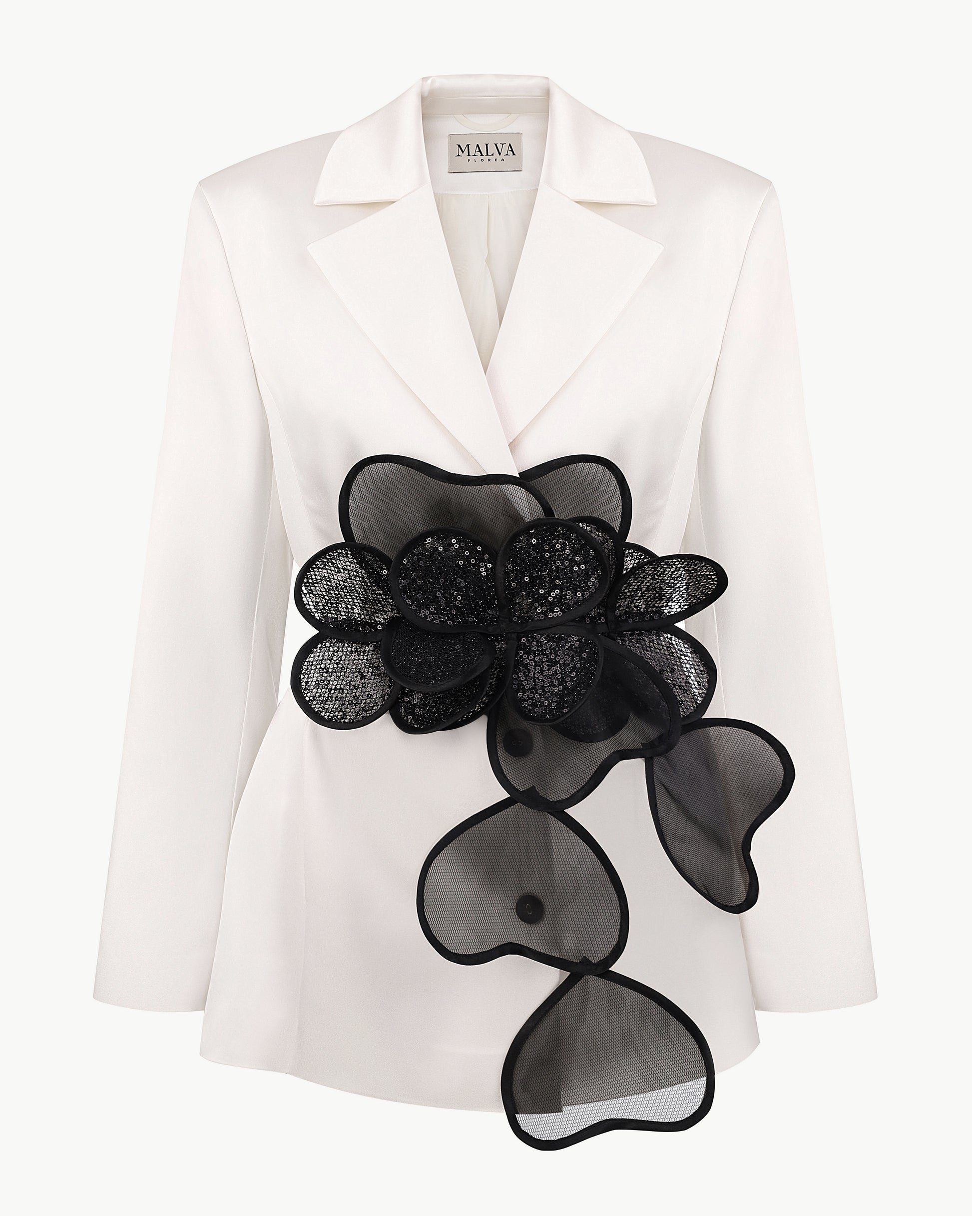 Classic Jacket With Floral Appliqués and Layered Petals Belt