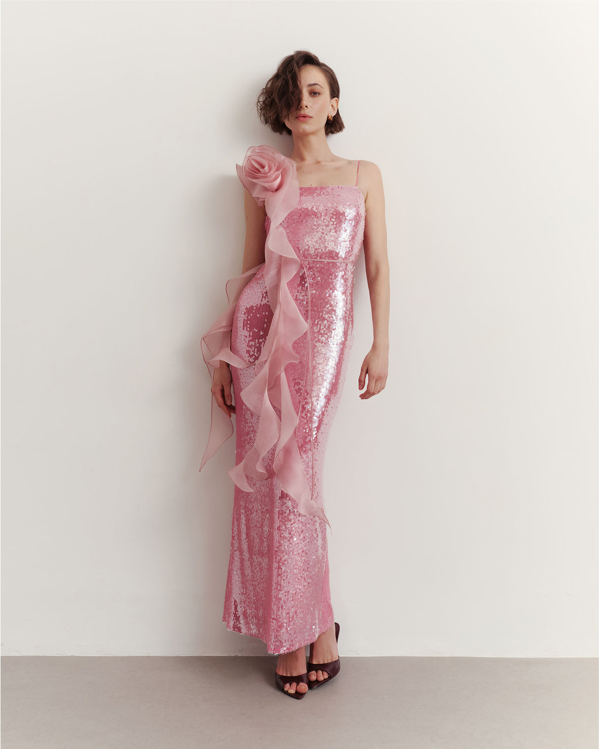 open lace back dress Long Pink Sequin Dress with 3D Floral Appliqué – MALVA FLOREA