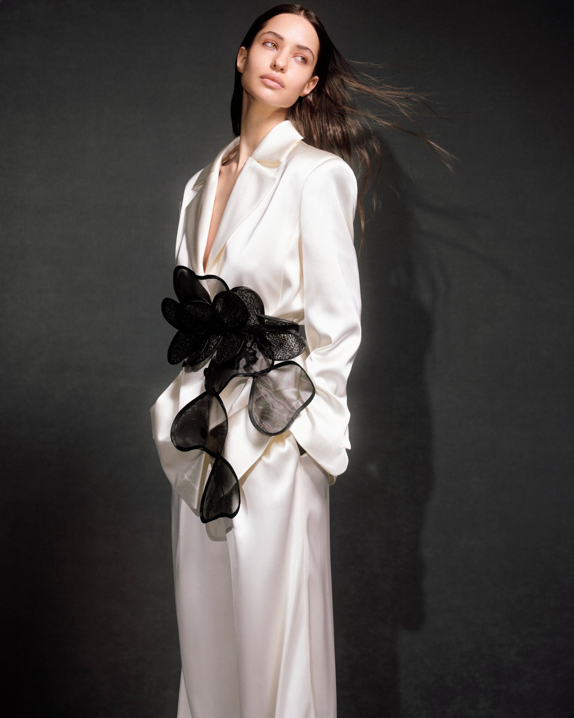 Classic jacket with floral appliqués and layered petals belt (handcrafted decor)