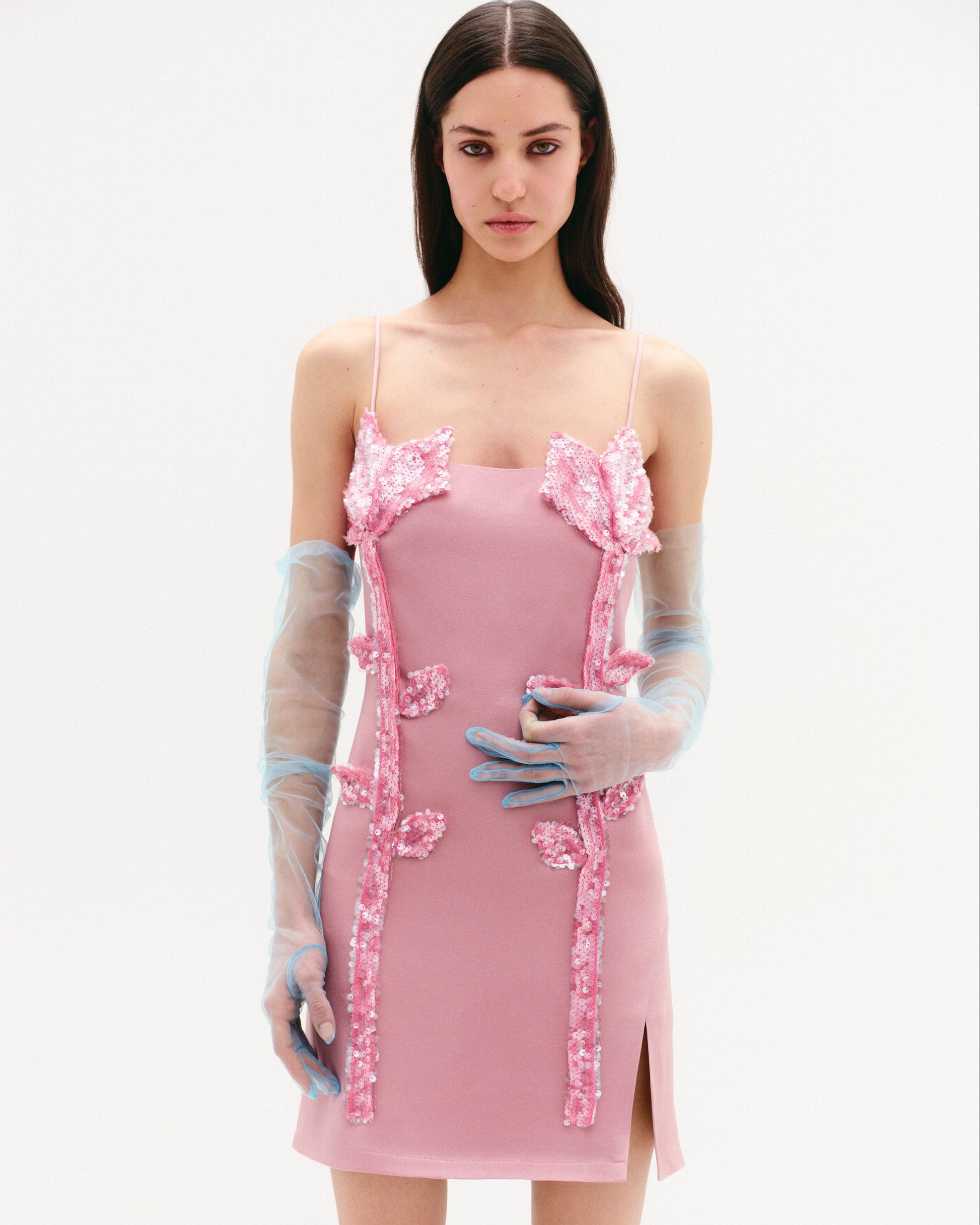 Floral Sequin Appliqués Mini Dress