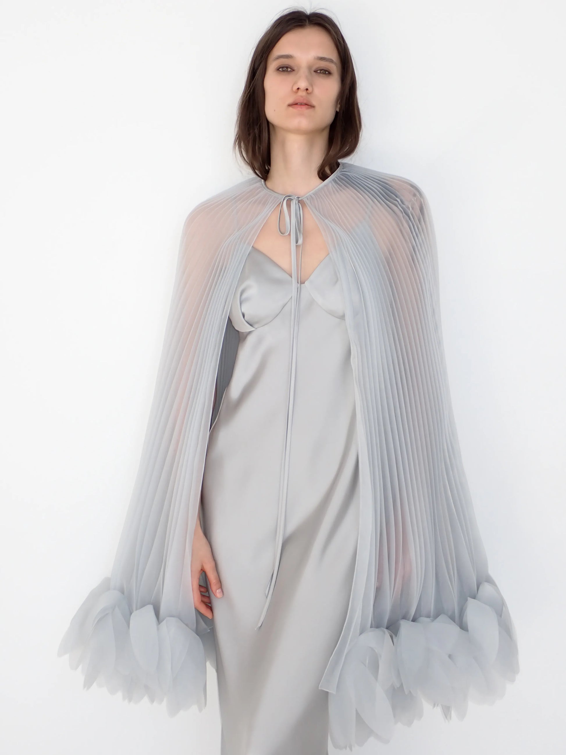 Pleated Petal Cape in Silver Gray