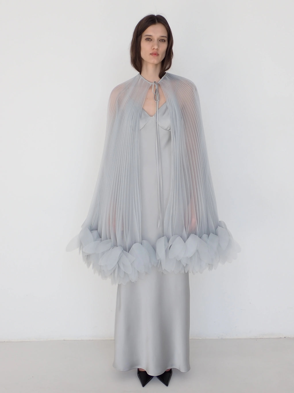Pleated Petal Cape in Silver Gray