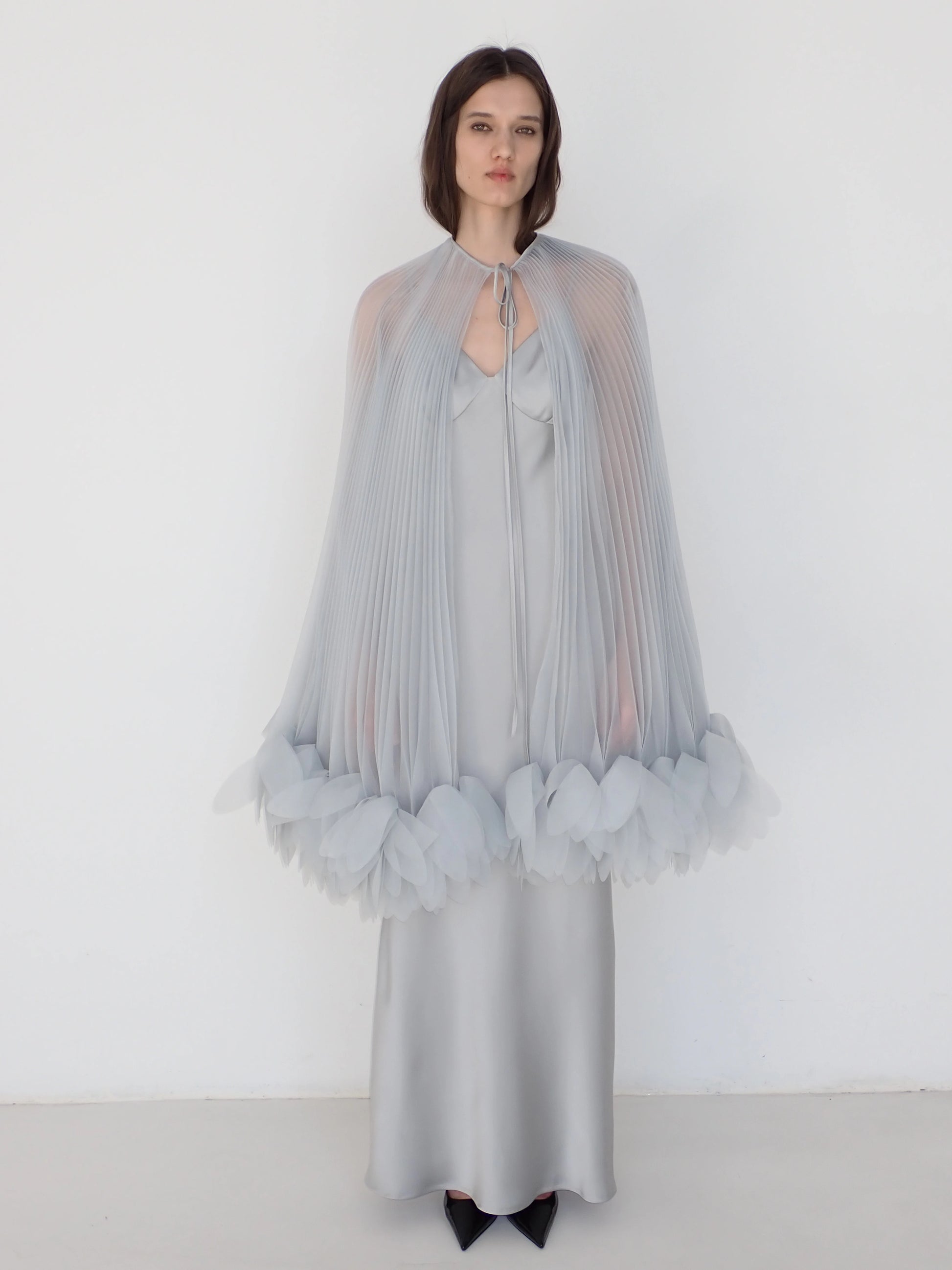 Pleated Petal Cape in Silver Gray