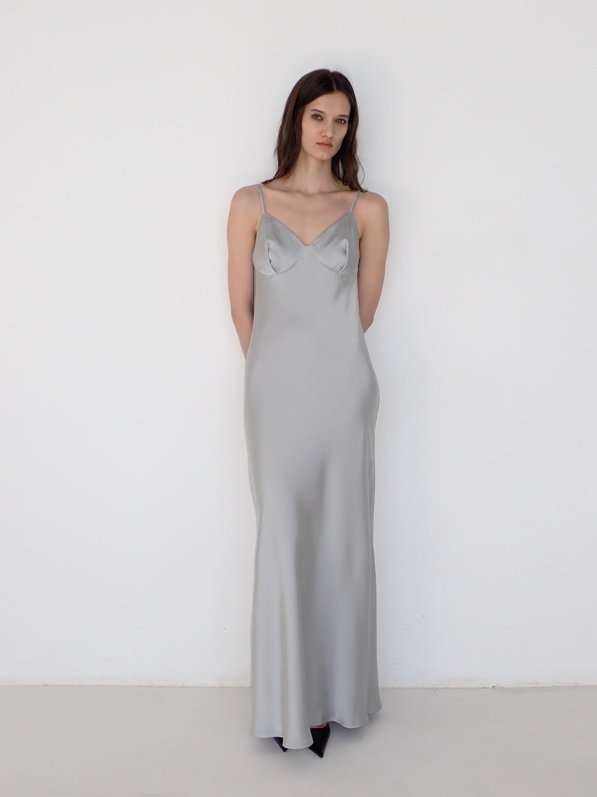 Satin Slip Dress in Silver Gray