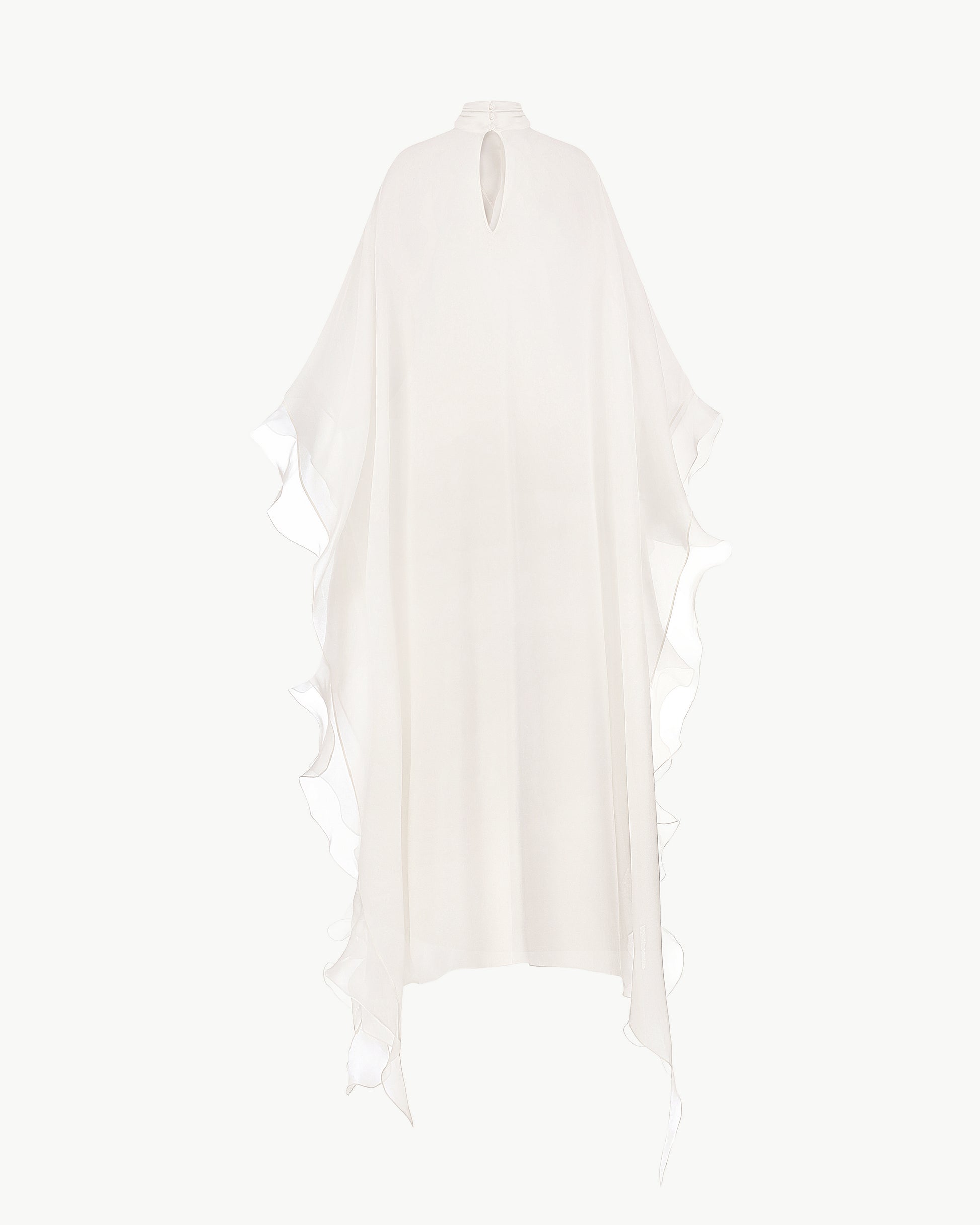 High-Neck Cape Dress Adorned With Cascading Decorative Accents