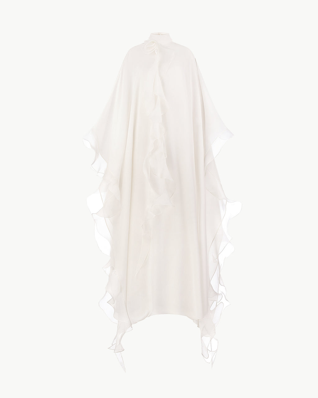 High-Neck Cape Dress Adorned With Cascading Decorative Accents