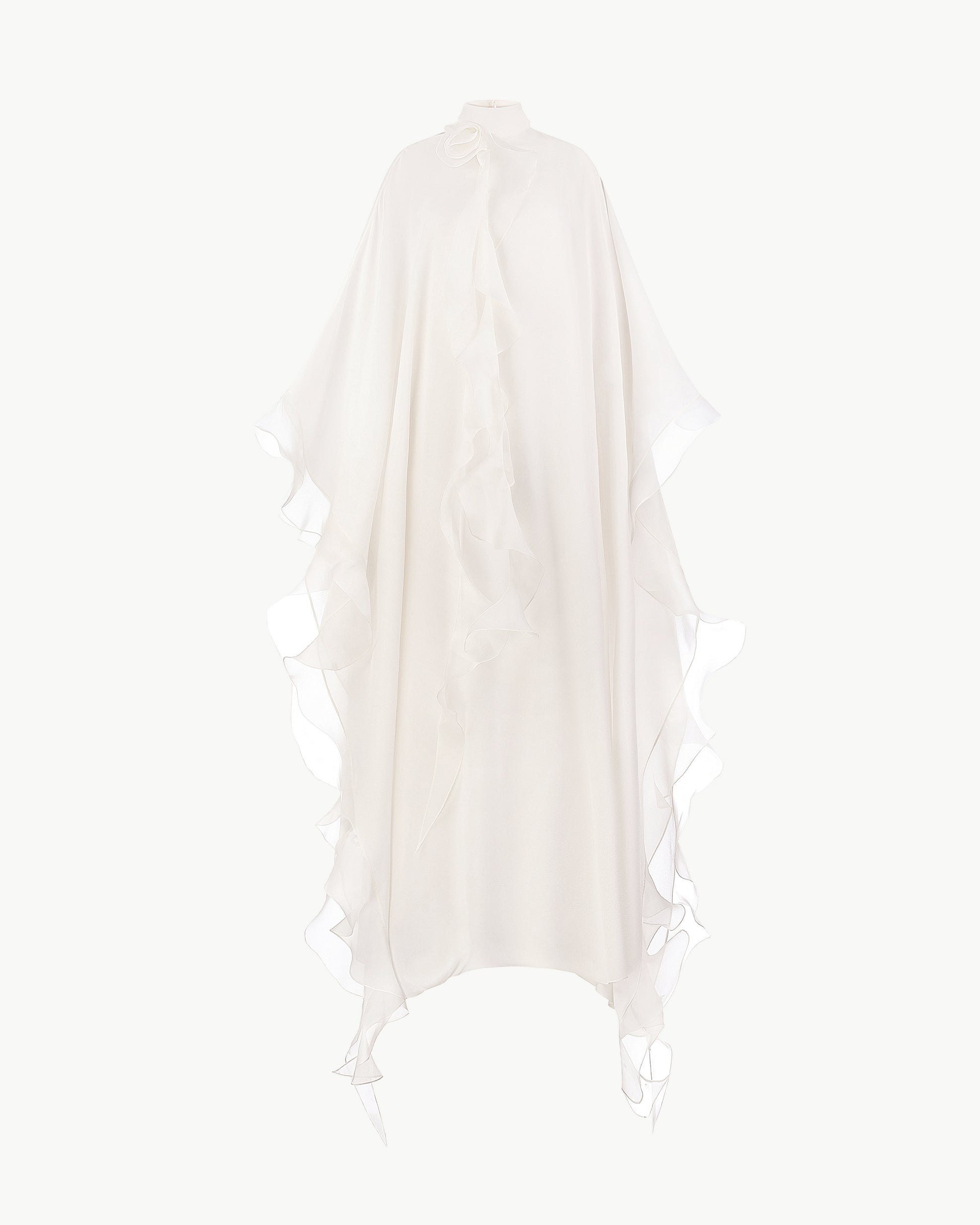 High-Neck Cape Dress Adorned With Cascading Decorative Accents
