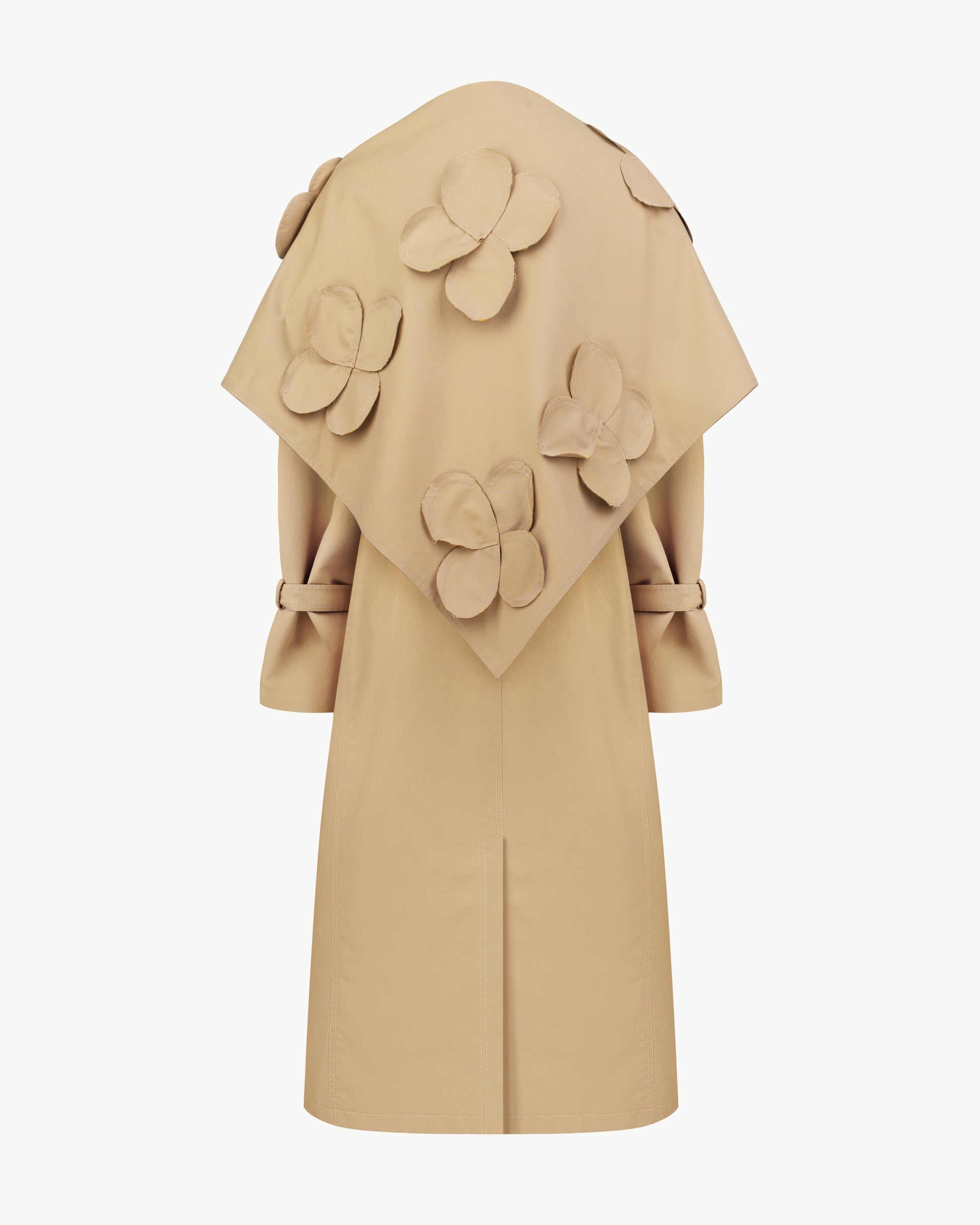 Relaxed Trench Coat With Detachable Scarf and Floral Appliqués
