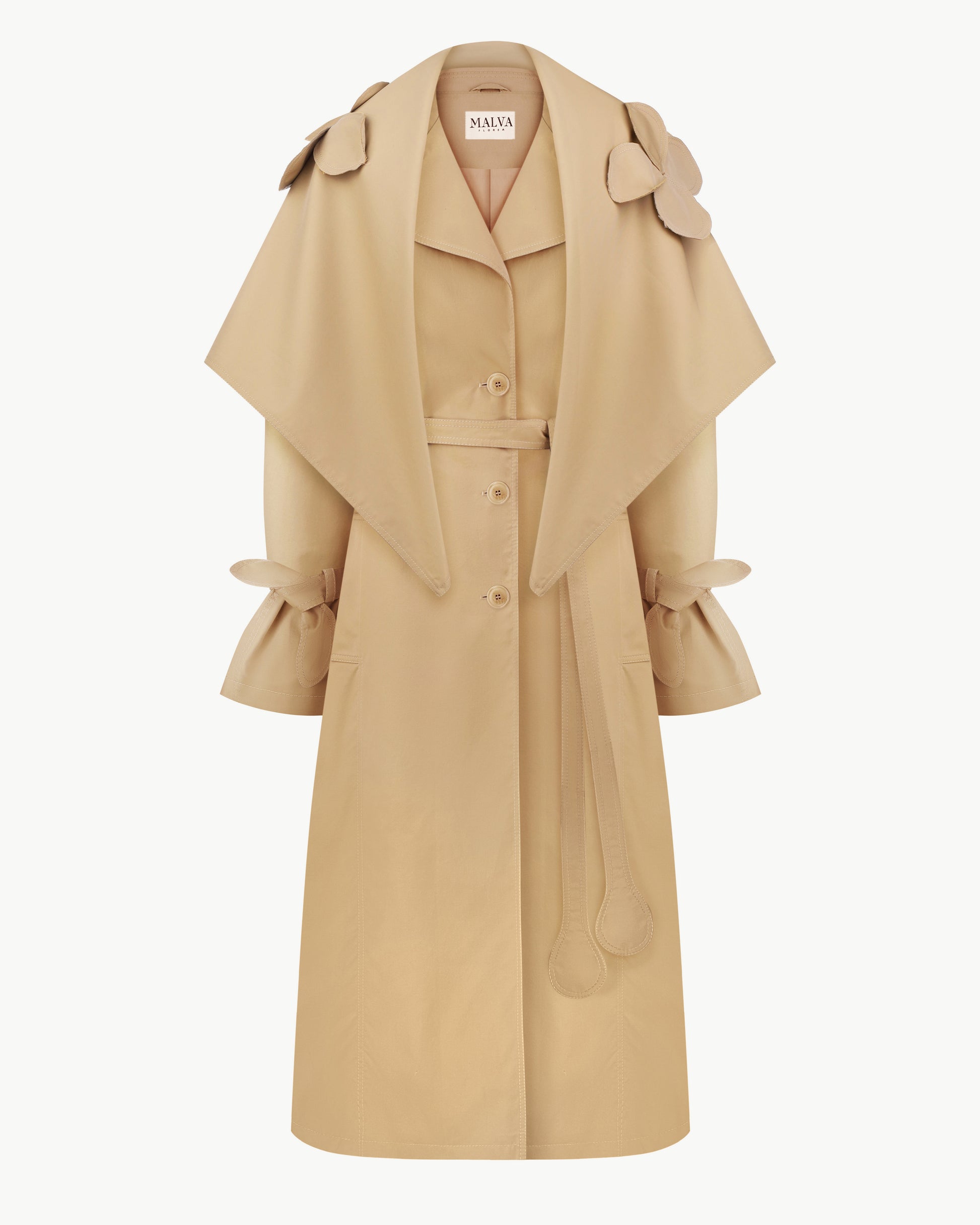 Relaxed Trench Coat With Detachable Scarf and Floral Appliqués