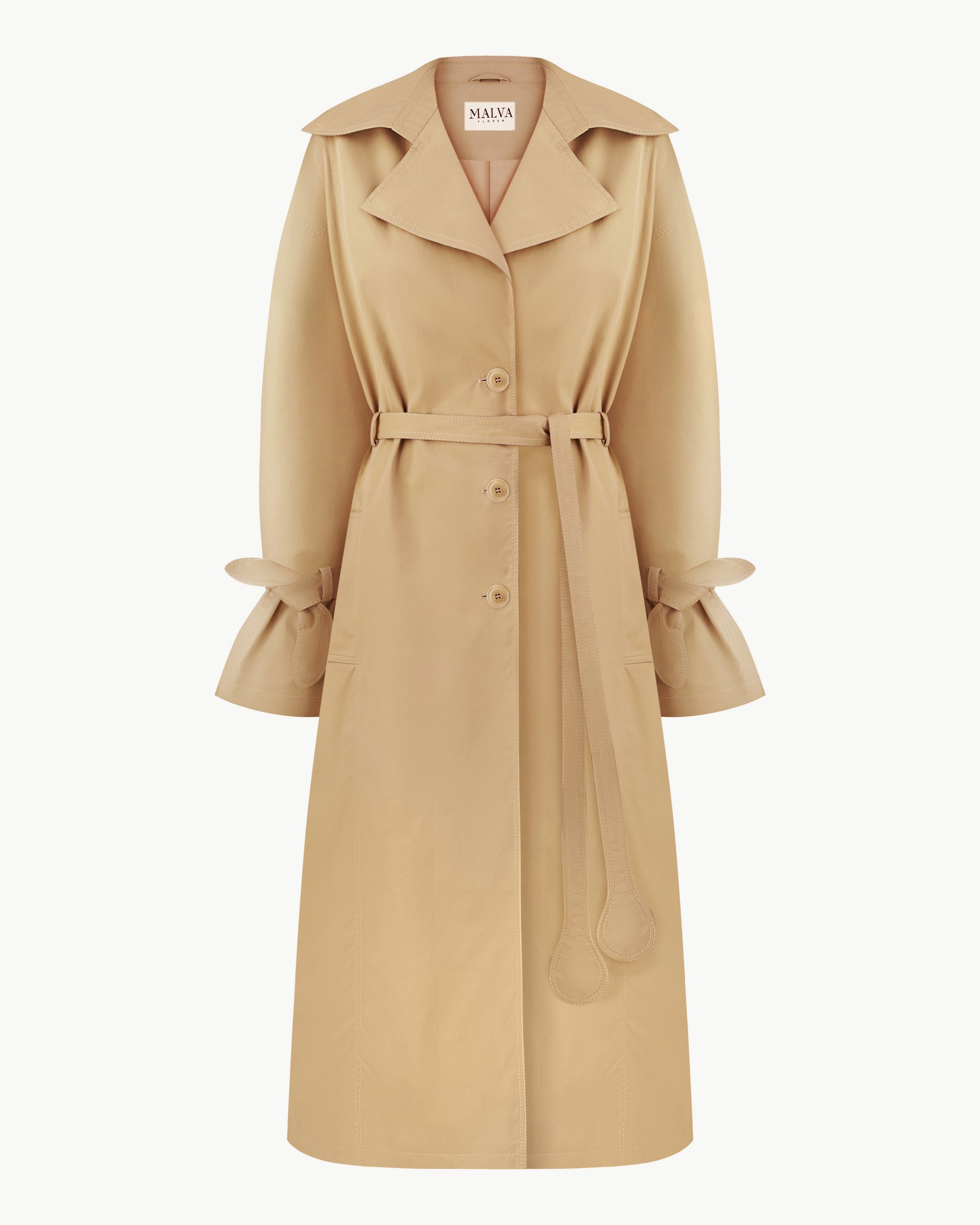 Relaxed Trench Coat With Detachable Scarf and Floral Appliqués