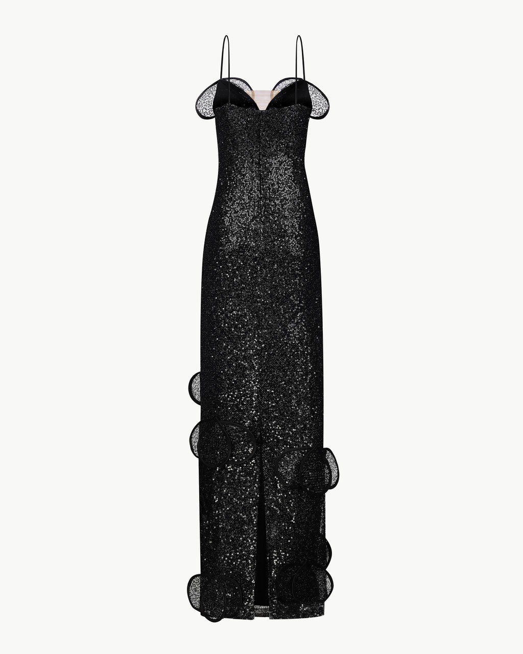 Sequin Maxi Bustier Dress With Floral Appliqués and Layered Petals