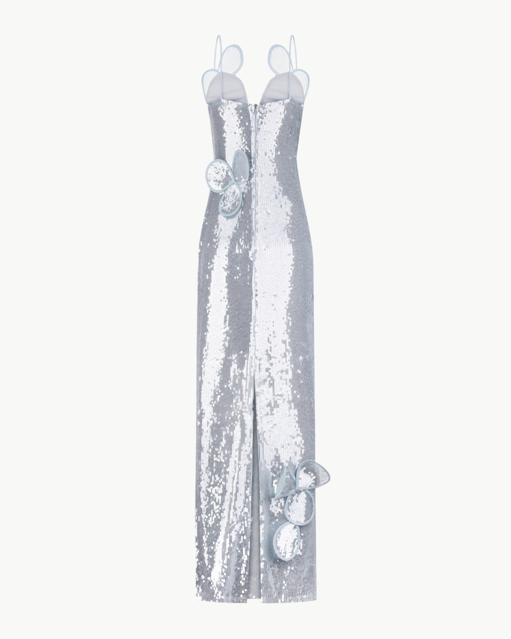 Sequin Maxi Bustier Dress With Floral Appliqués and Layered Petals