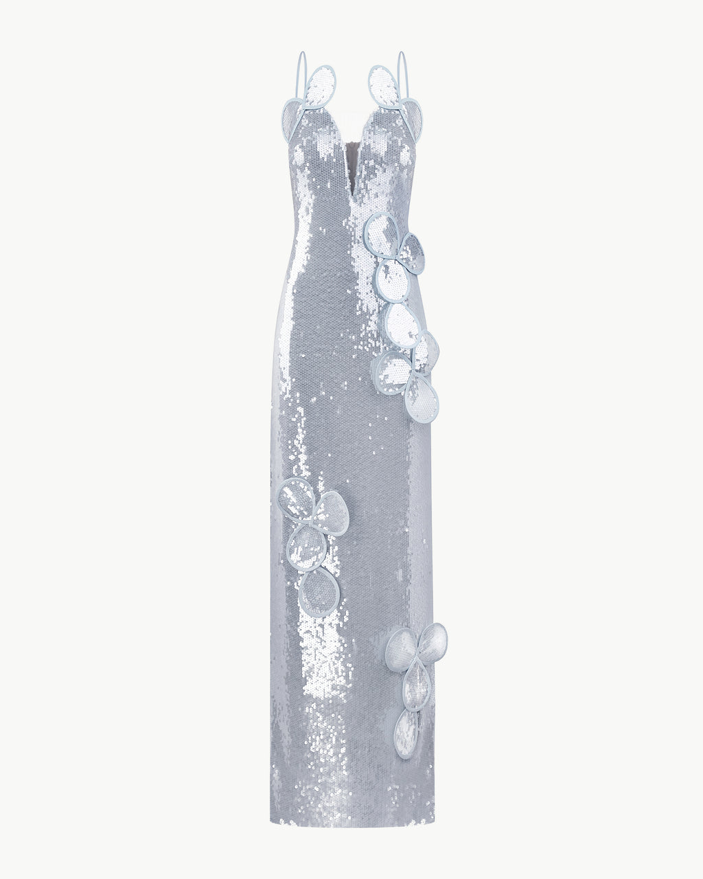 Sequin Maxi Bustier Dress With Floral Appliqués and Layered Petals