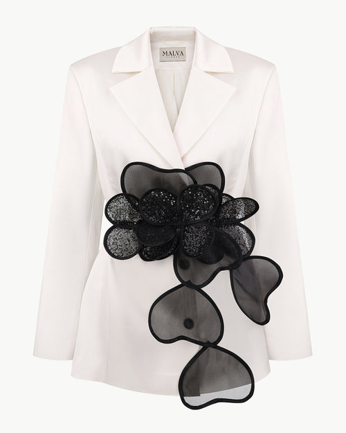 Classic Jacket With Floral Appliqués and Layered Petals Belt