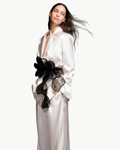 Classic Jacket With Floral Appliqués and Layered Petals Belt