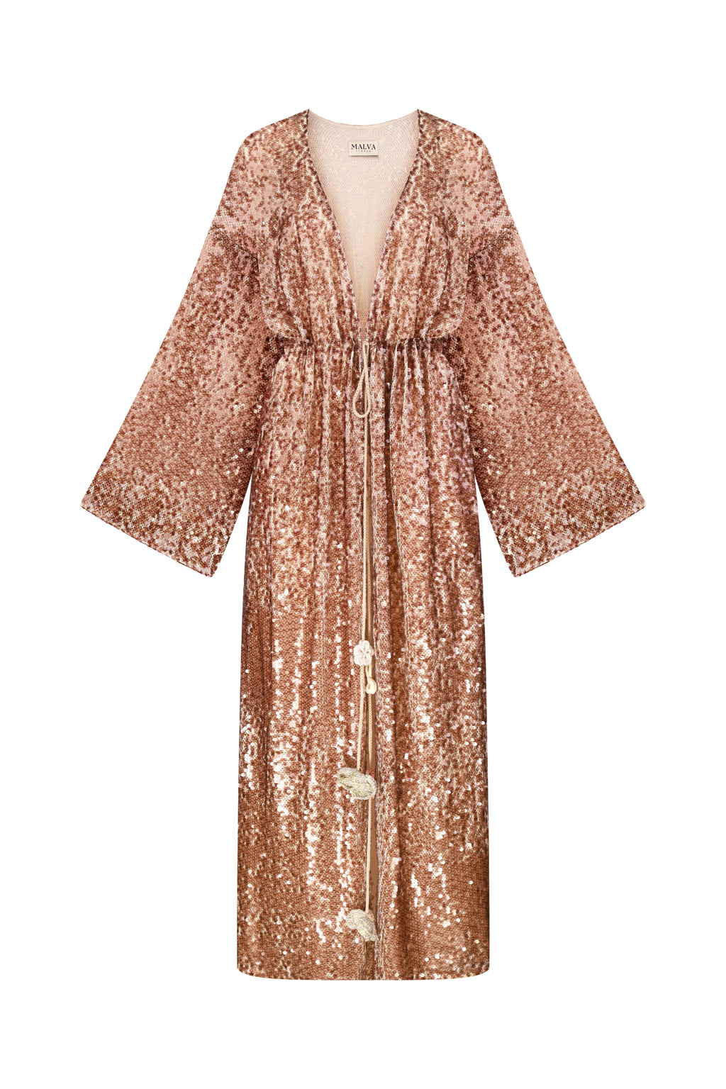 Floral-Tie Sequin Cape in Brown