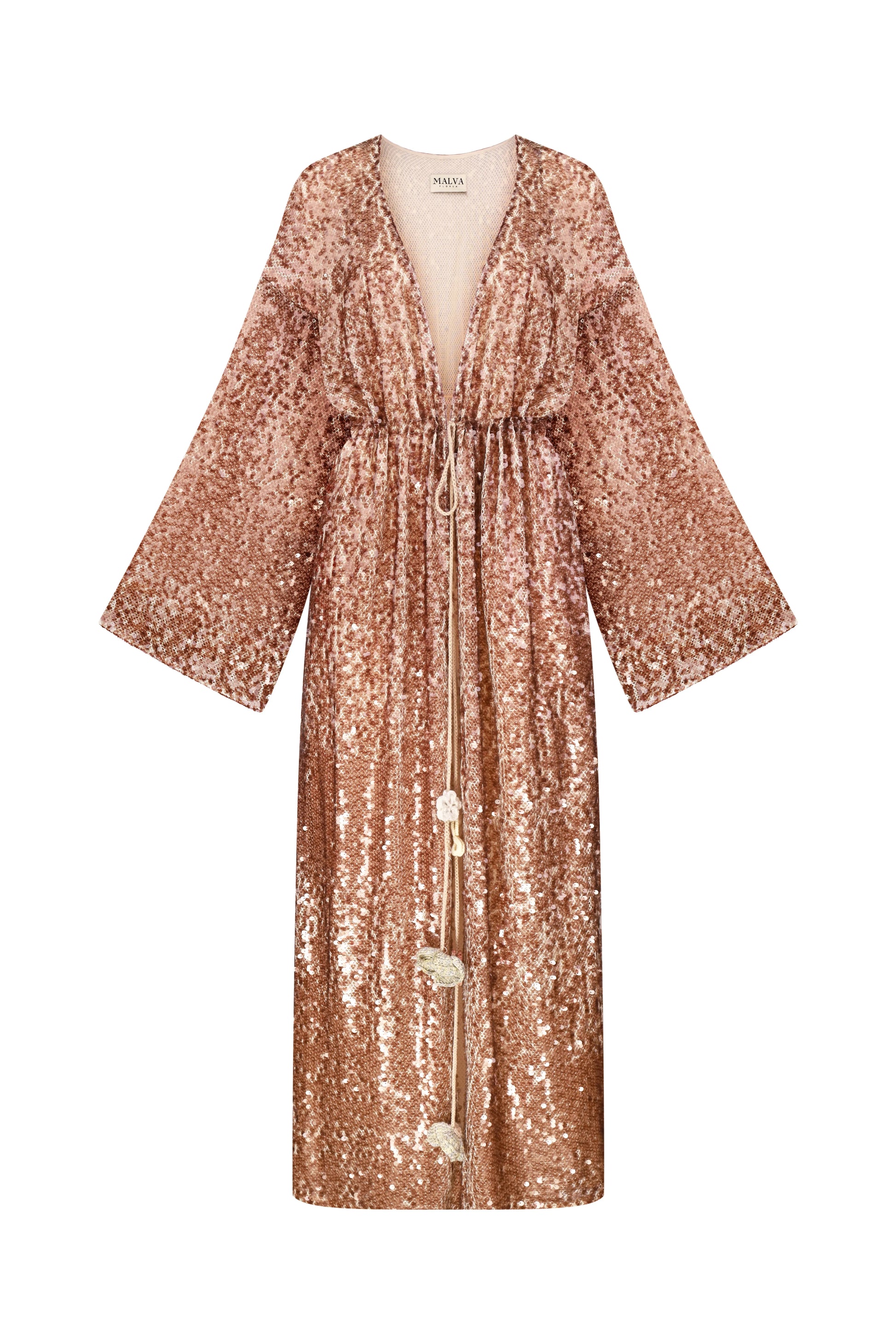 Floral-Tie Sequin Cape in Brown