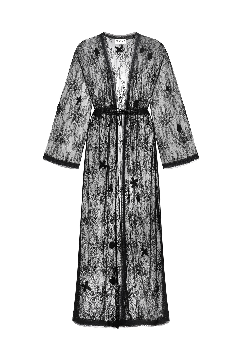 A black sheer lace robe with a matching waist belt, featuring a floral pattern and embroidered details, shown against a plain white background.