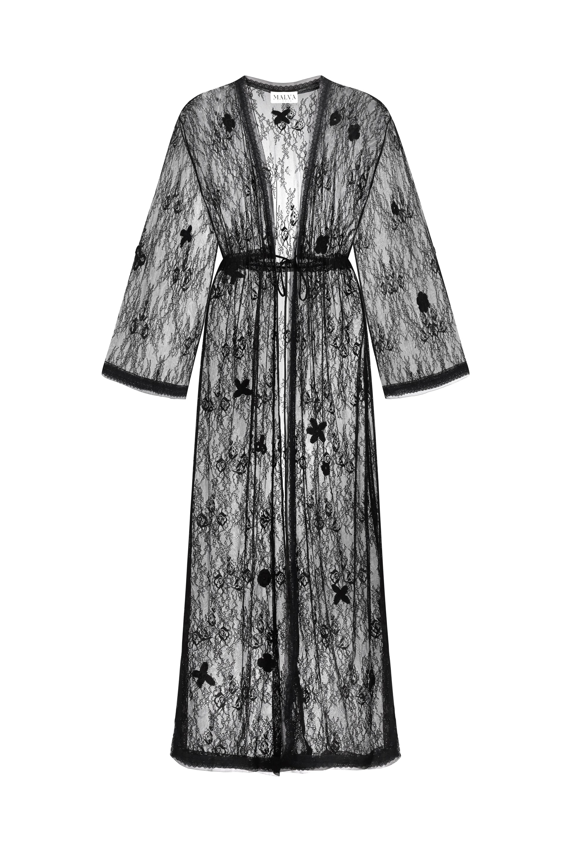 A black sheer lace robe with a matching waist belt, featuring a floral pattern and embroidered details, shown against a plain white background.