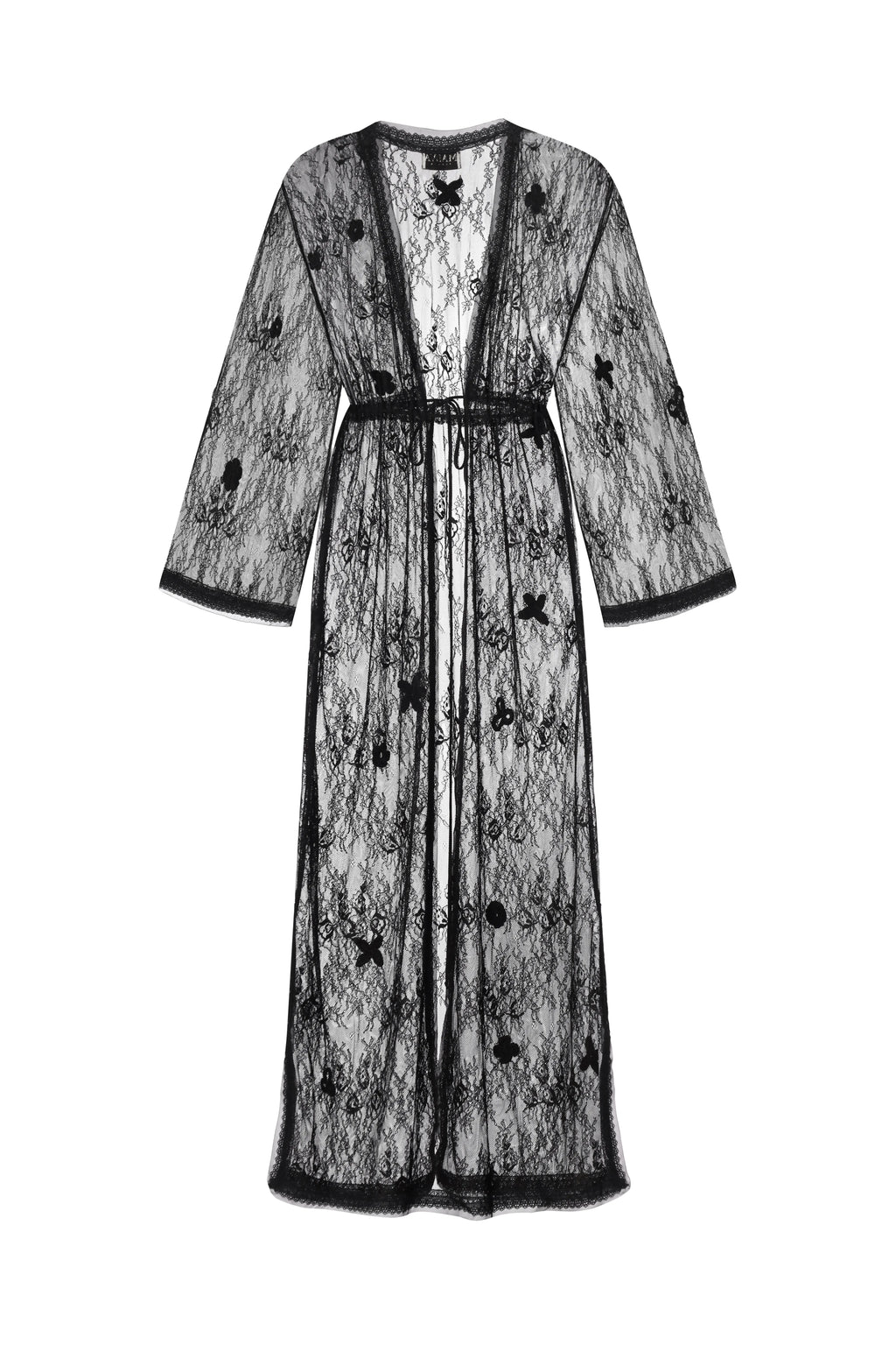 A black  patterned sheer lace long-sleeve robe with a matching waist tie, displayed on a clean white background.