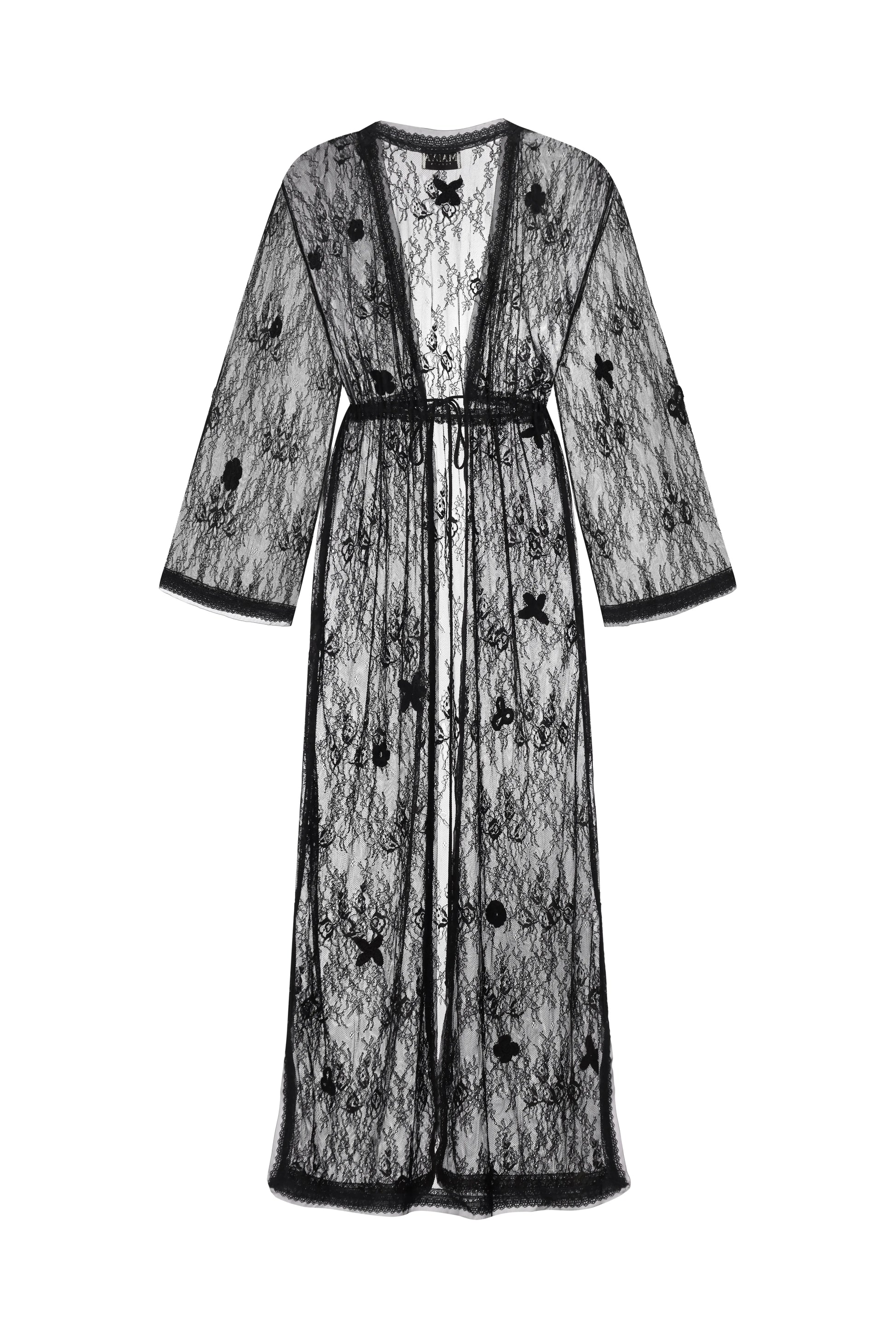 A black  patterned sheer lace long-sleeve robe with a matching waist tie, displayed on a clean white background.