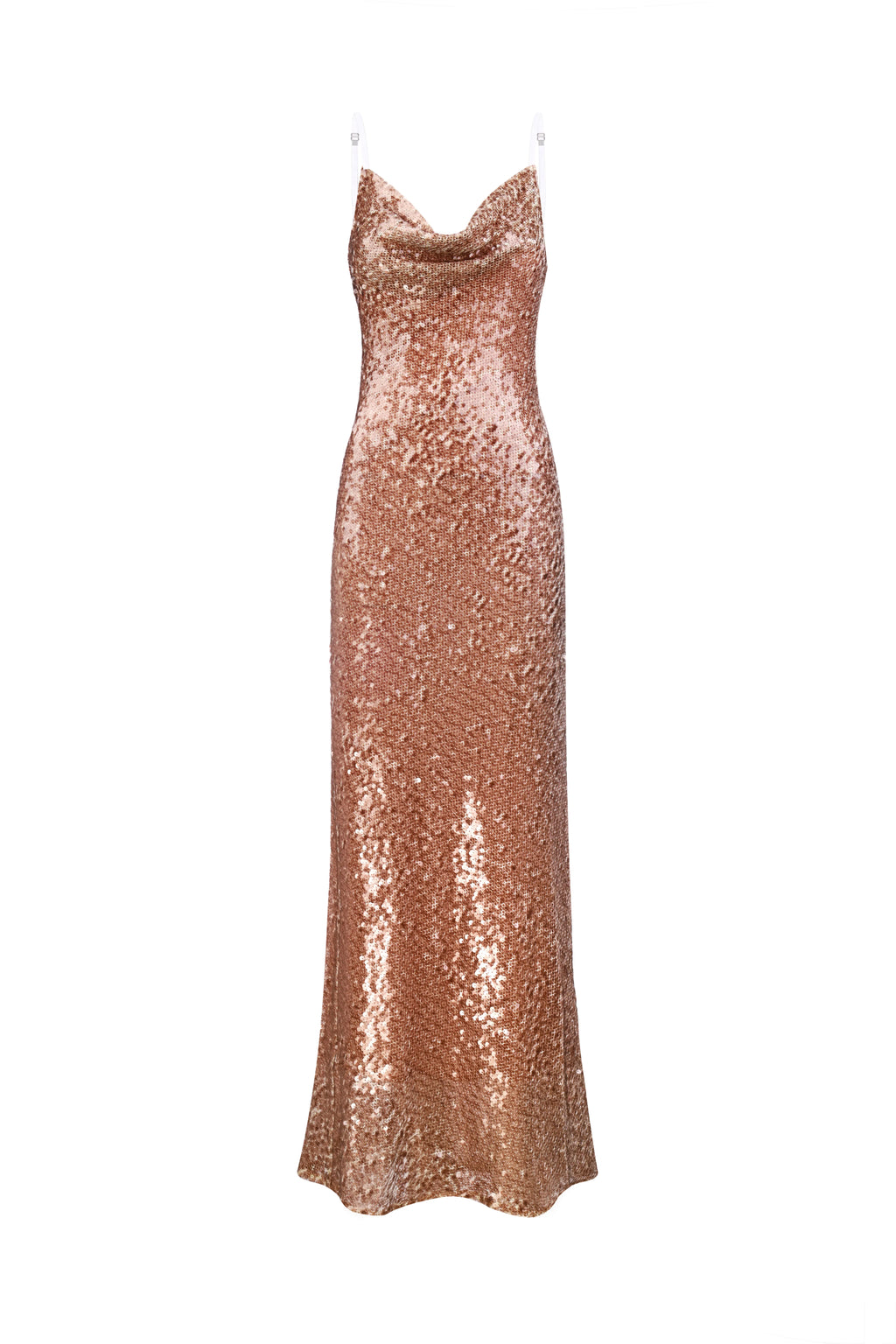 Cowl-Neck Sequin Slip Dress in Brown