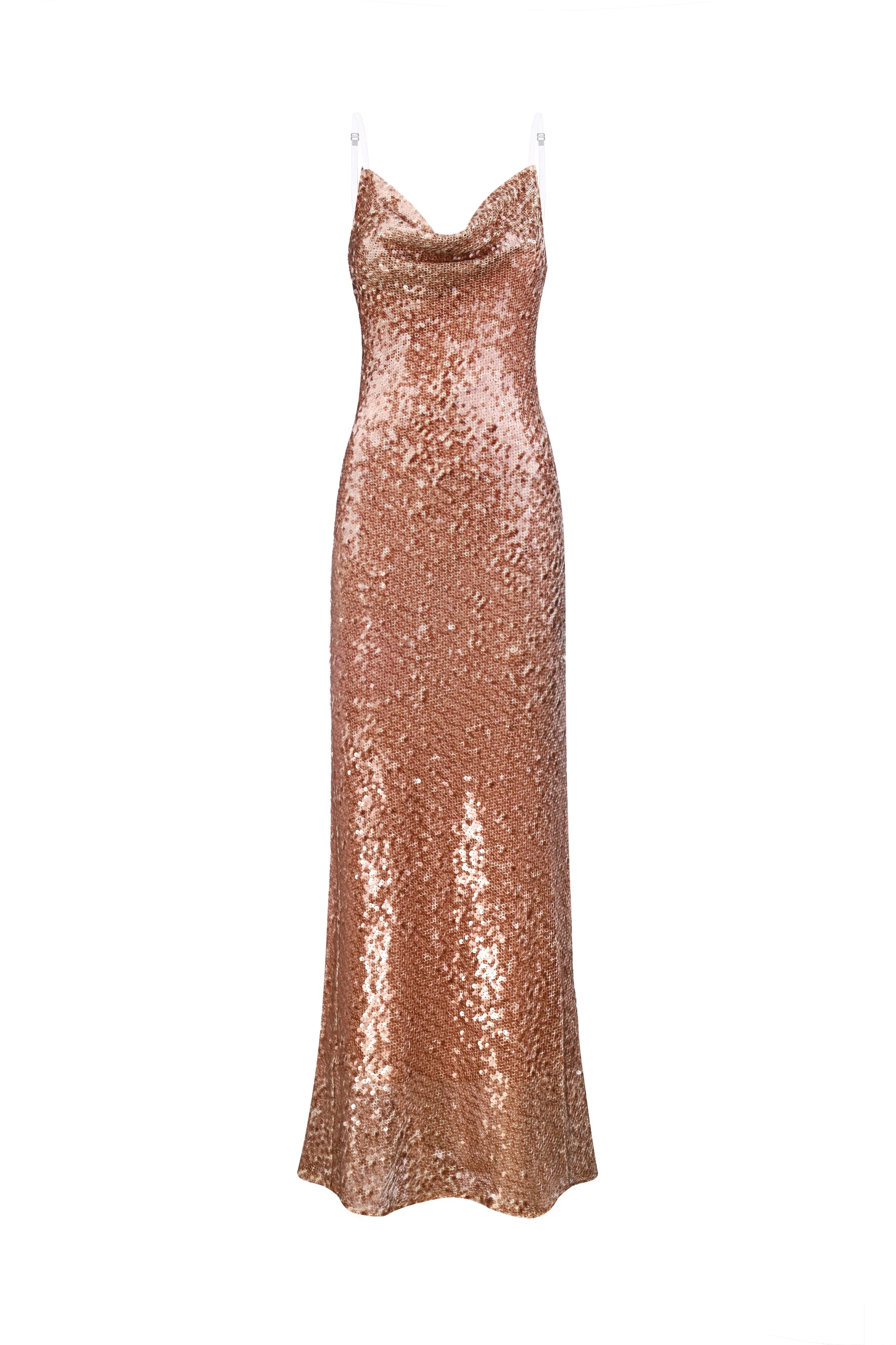 Cowl-Neck Sequin Slip Dress in Brown