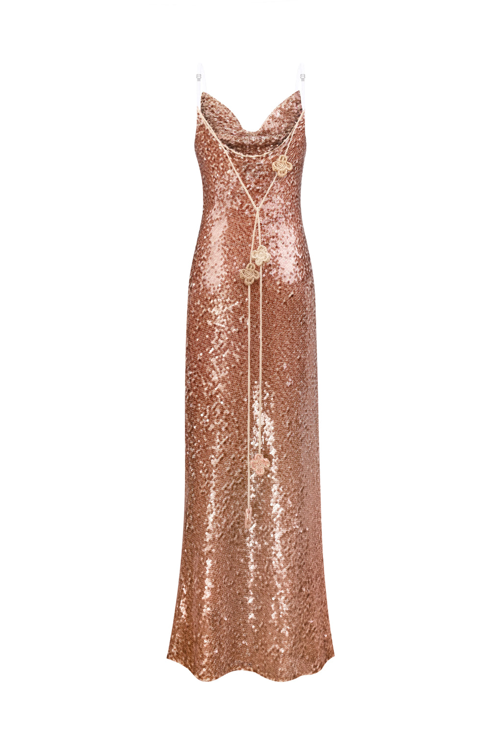 Cowl-Neck Sequin Slip Dress in Brown