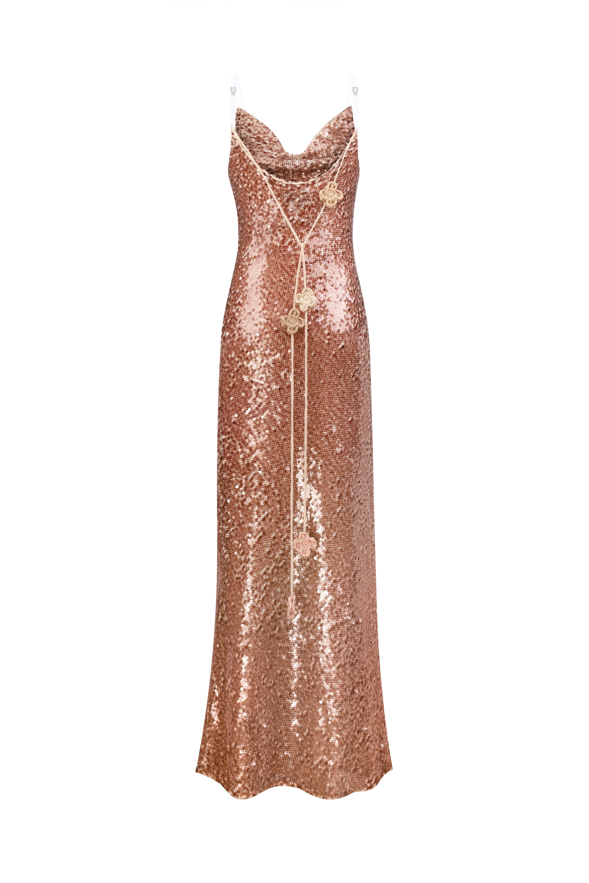 Cowl-Neck Sequin Slip Dress in Brown