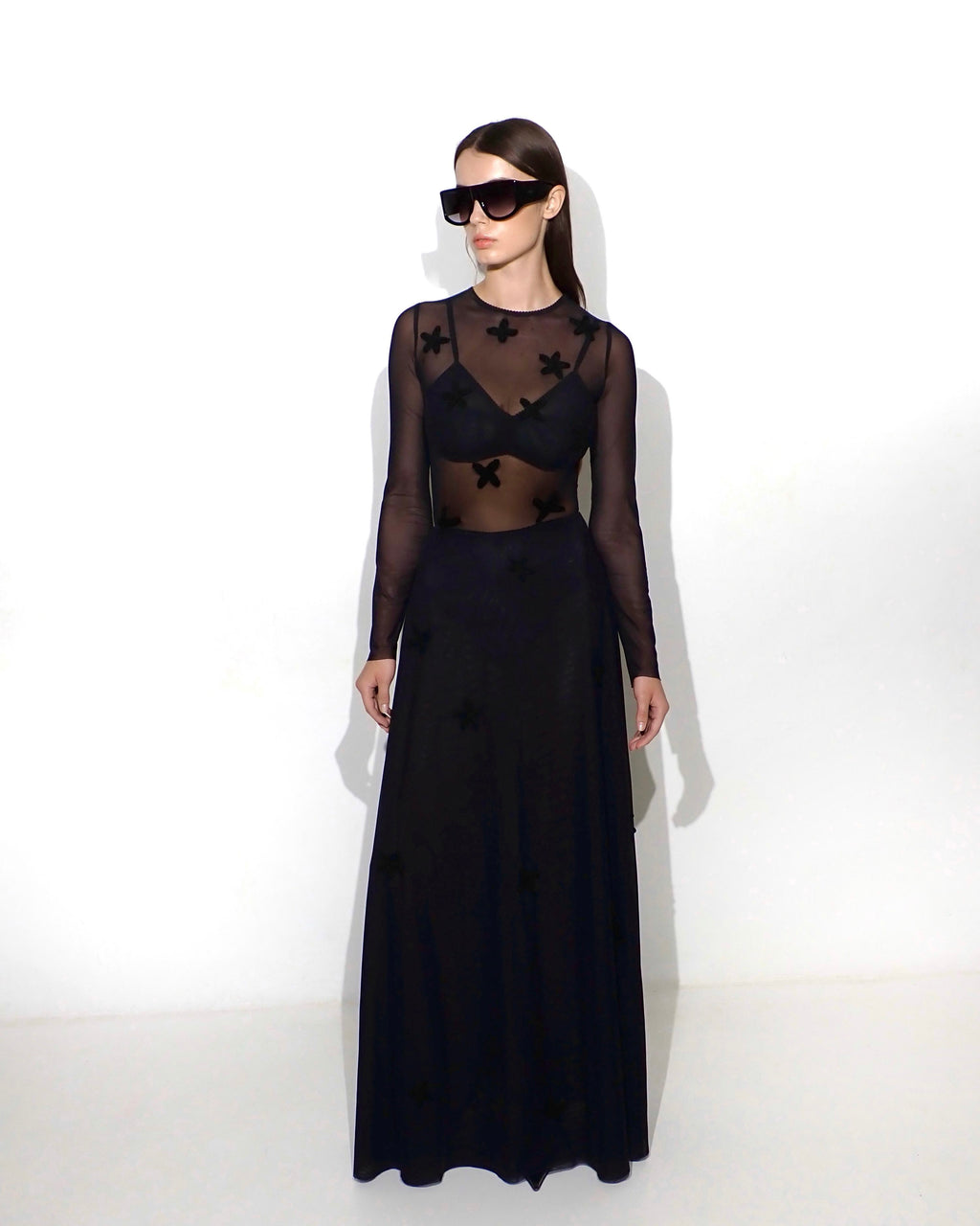 Flowing mesh floral-appliqué maxi skirt in black