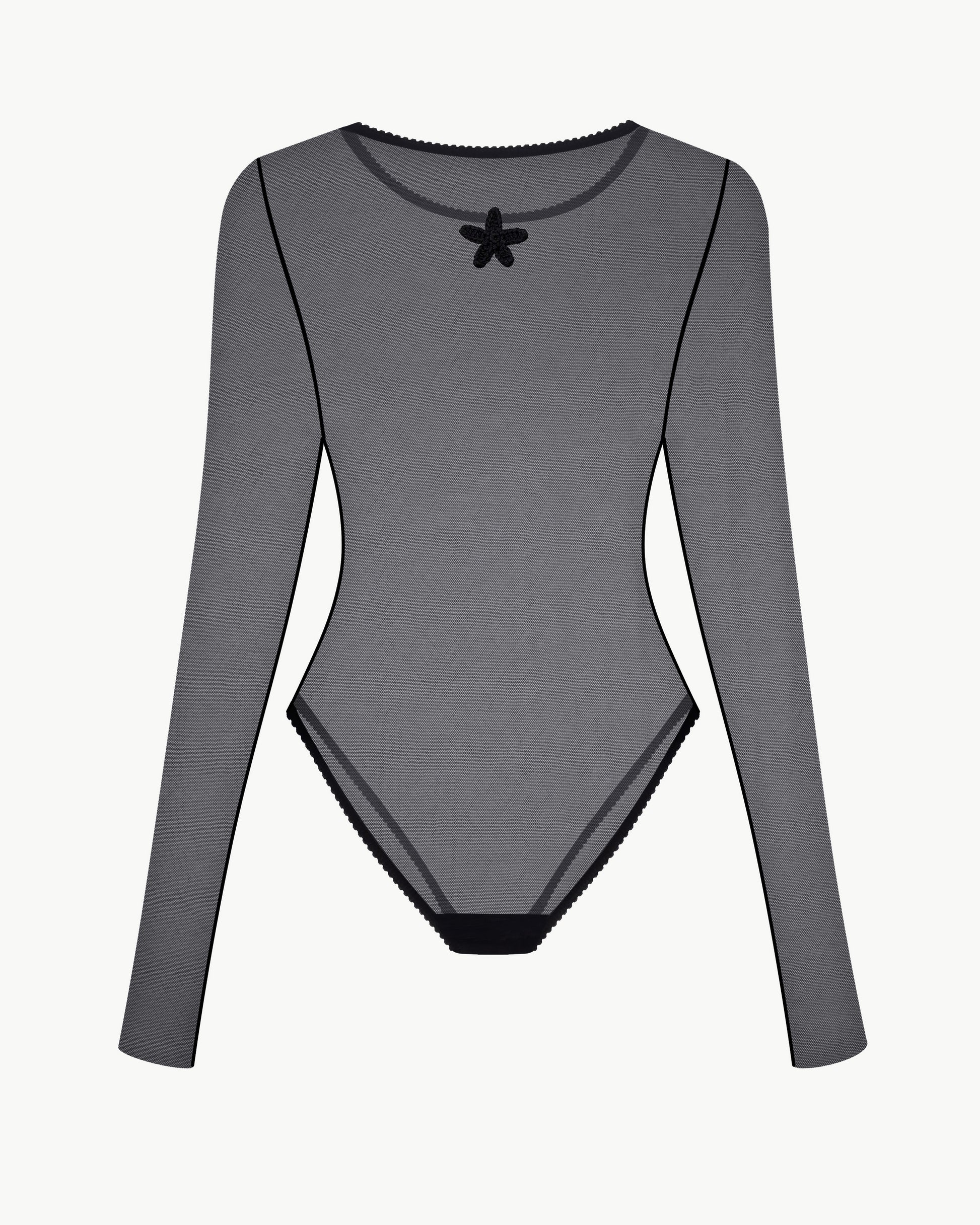 Sheer mesh bodysuit with crochet florals in black