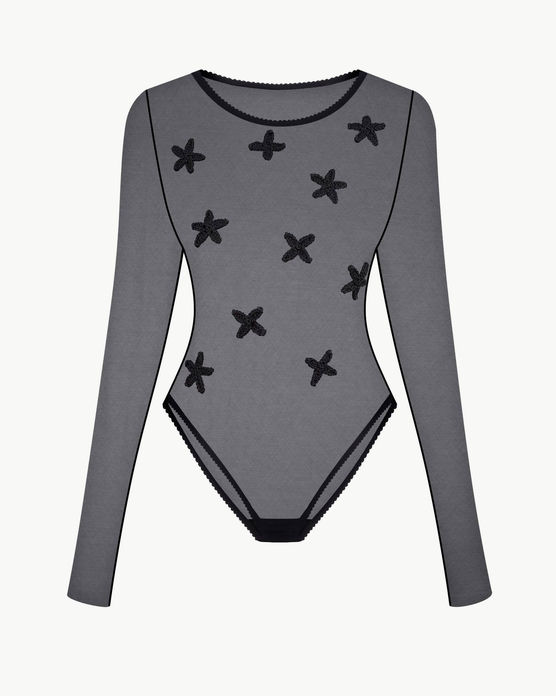Sheer mesh bodysuit with crochet florals in black