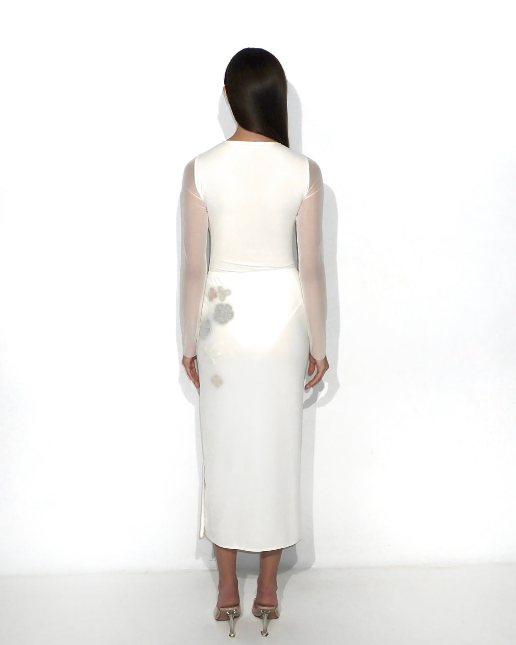 Bridal sheer mesh bodysuit with 3D florals in white