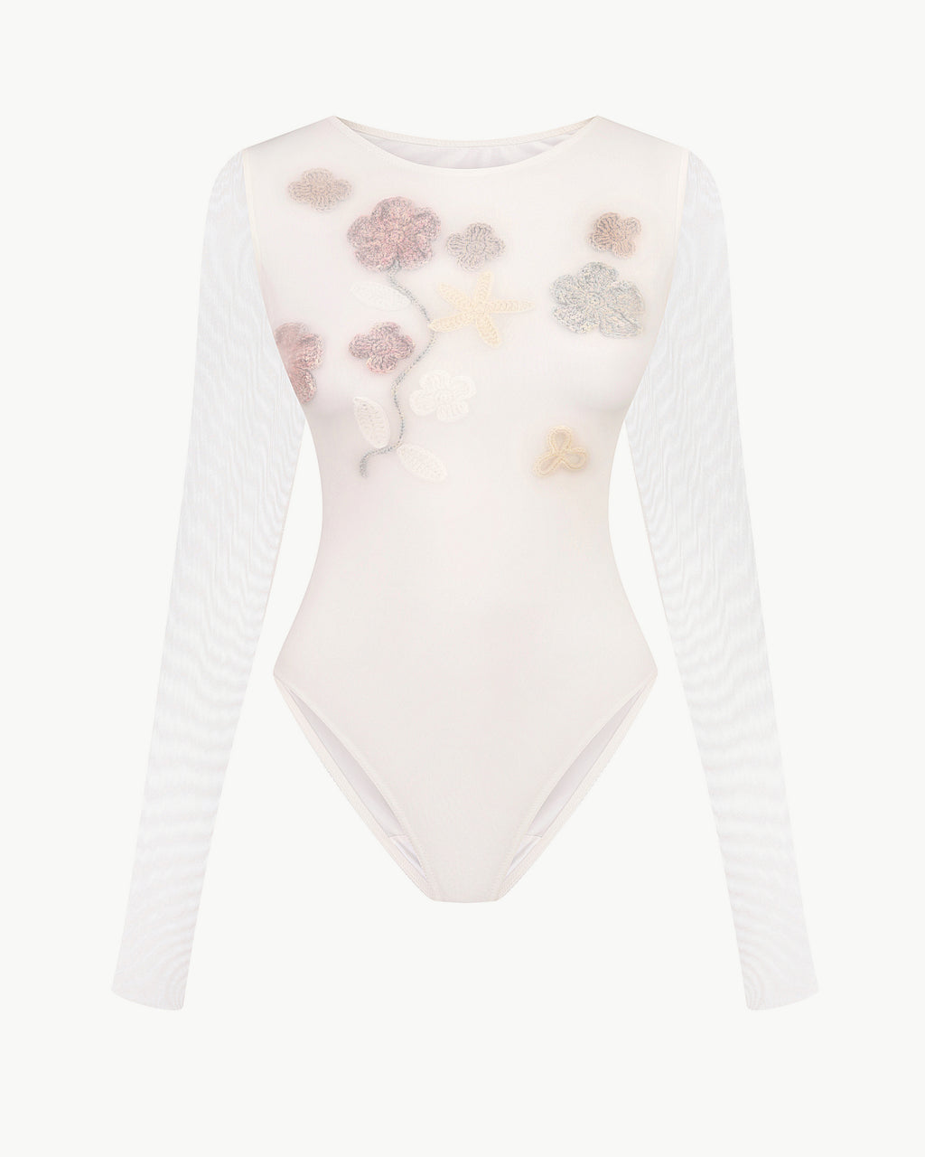 Bridal sheer mesh bodysuit with 3D florals in white
