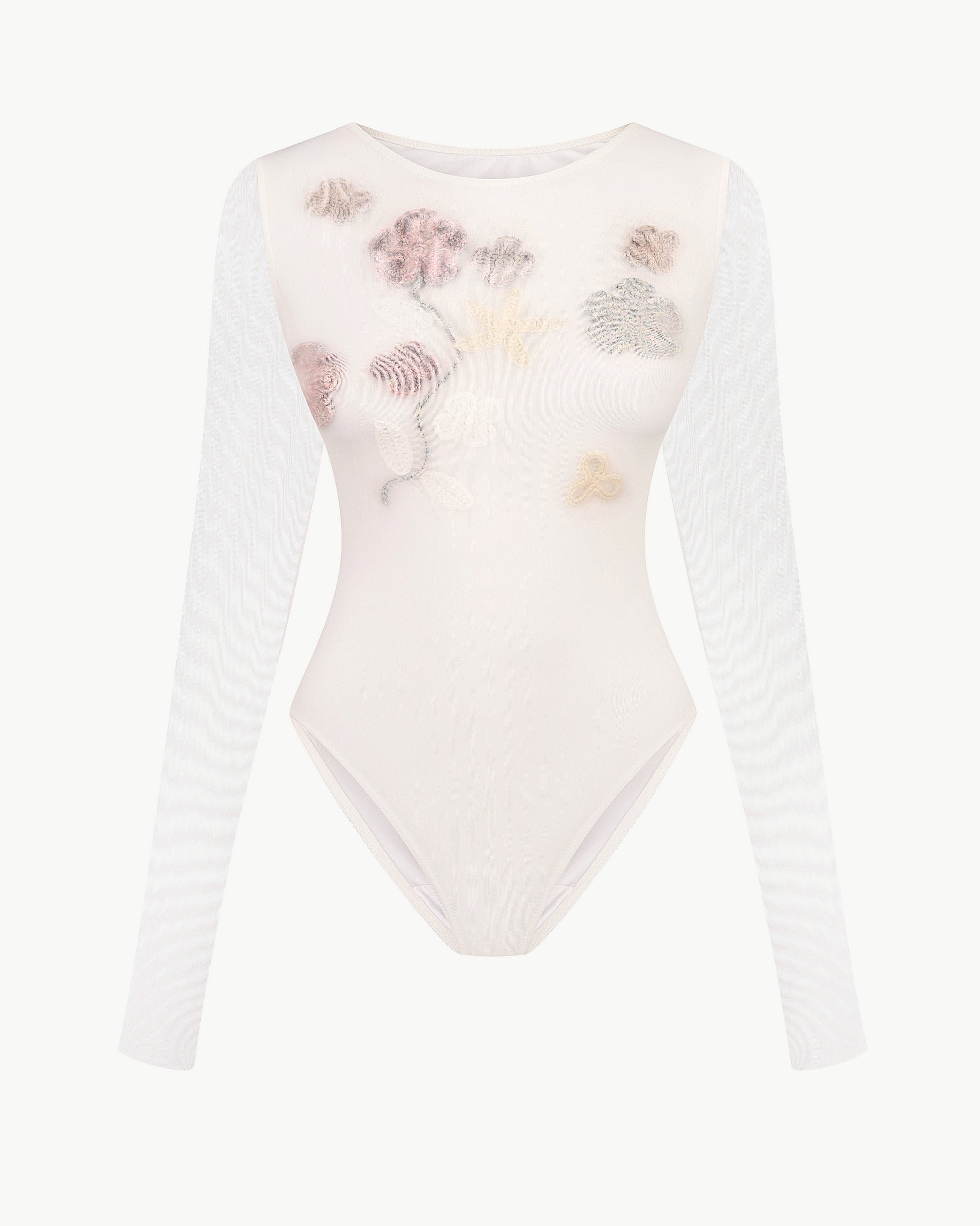 Bridal sheer mesh bodysuit with 3D florals in white