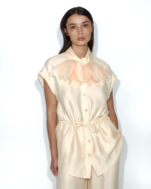 Drawstring-waist floral-appliqué blouse in light apricot