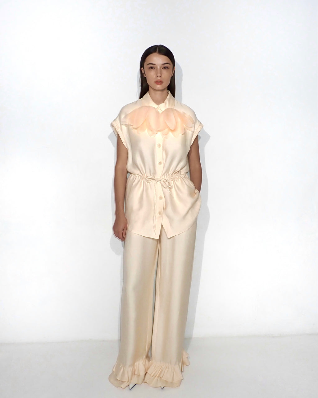 Drawstring-waist floral-appliqué blouse in light apricot