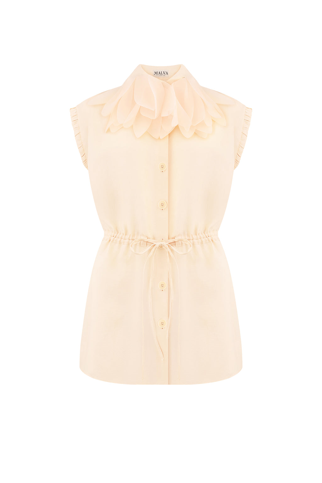 Drawstring-waist floral-appliqué blouse in light apricot