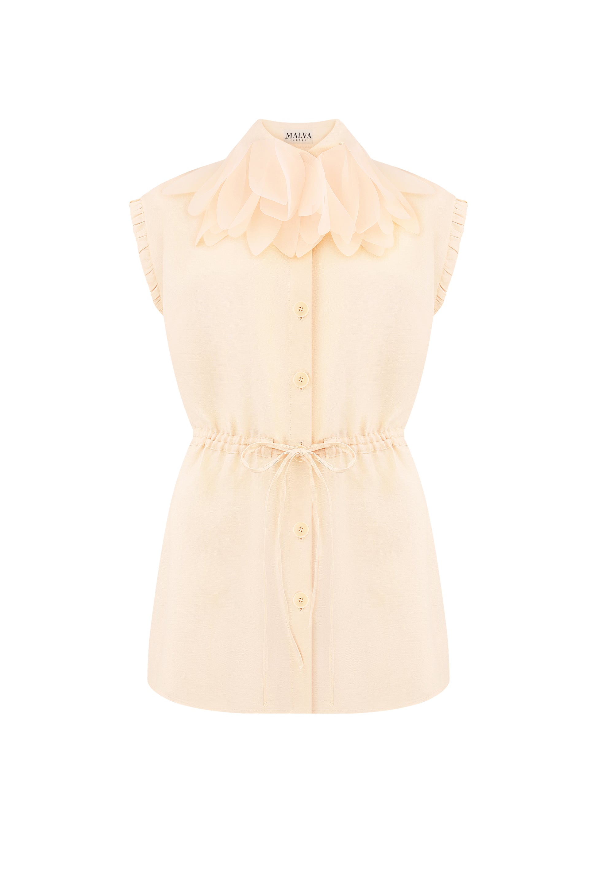 Drawstring-waist floral-appliqué blouse in light apricot