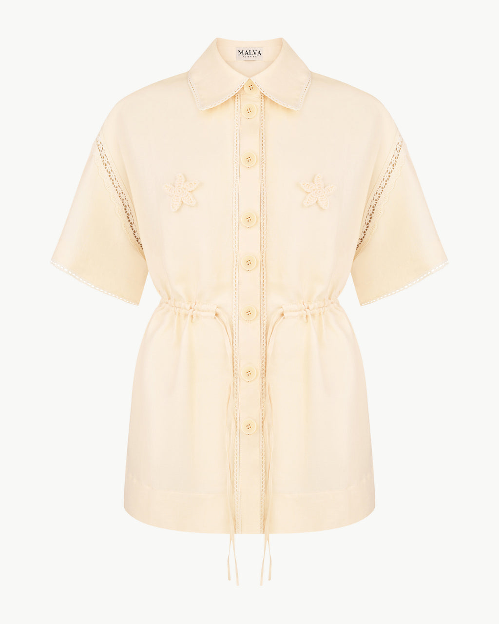 Lace-insert floral-appliqué blouse in light apricot