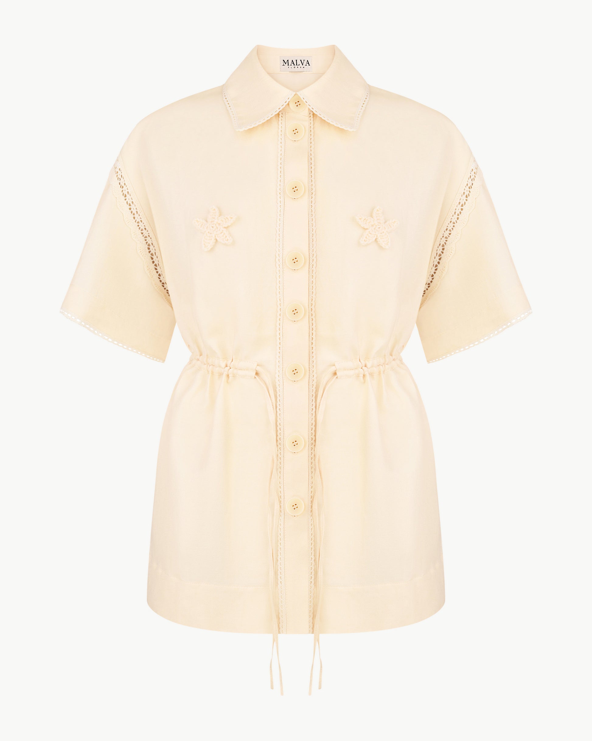 Lace-insert floral-appliqué blouse in light apricot