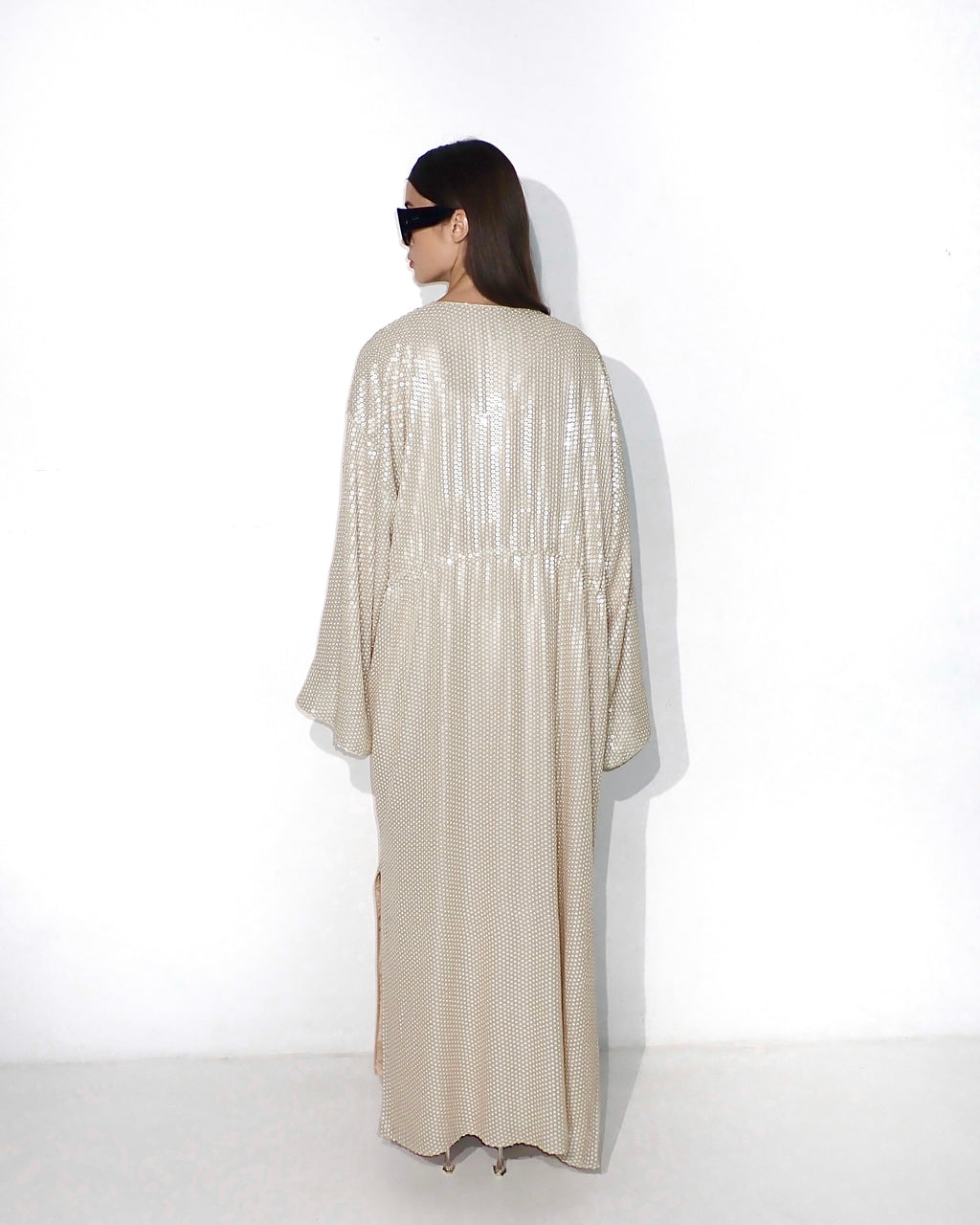 Sequin cape with floral tassel tie waist in beige