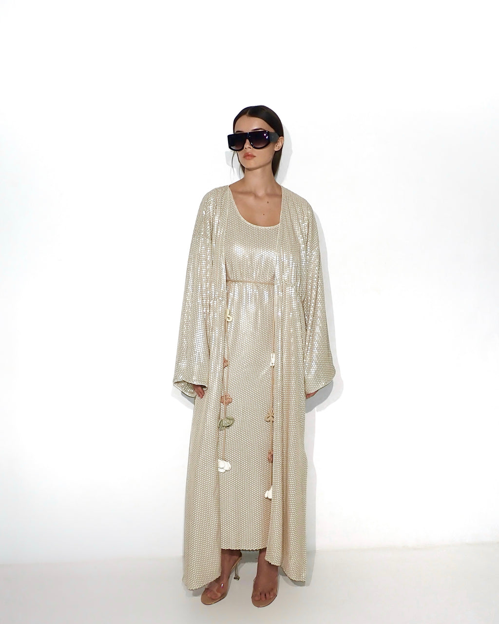 Sequin cape with floral tassel tie waist in beige