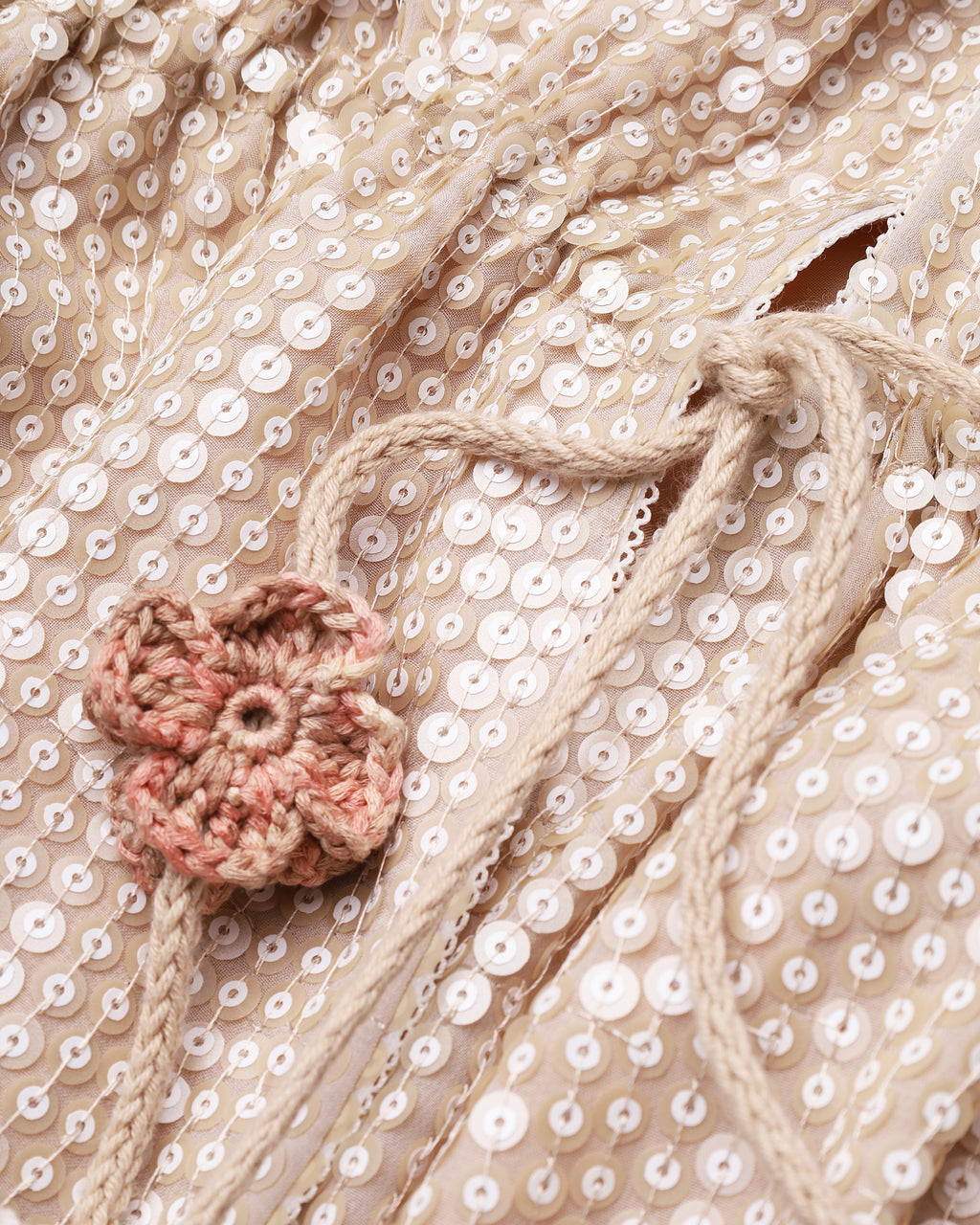 Sequin cape with floral tassel tie waist in beige