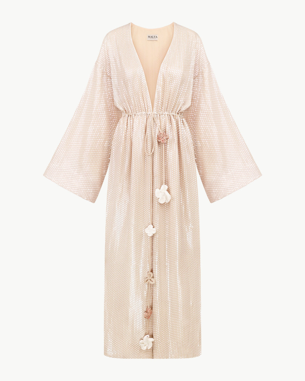 Sequin cape with wide sleeves and floral tassel tie waist