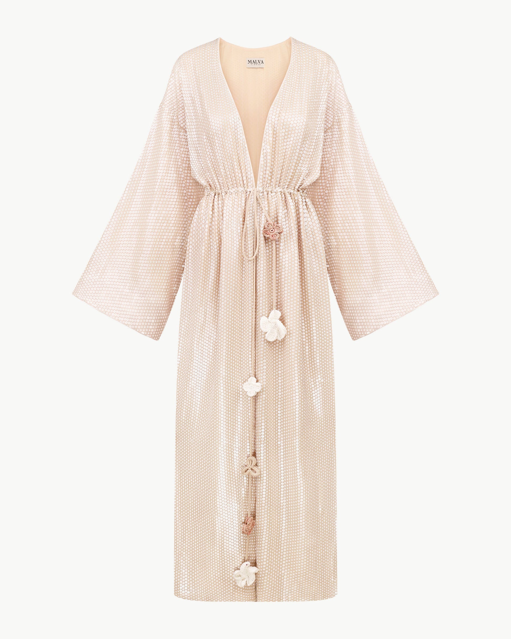 Sequin cape with wide sleeves and floral tassel tie waist