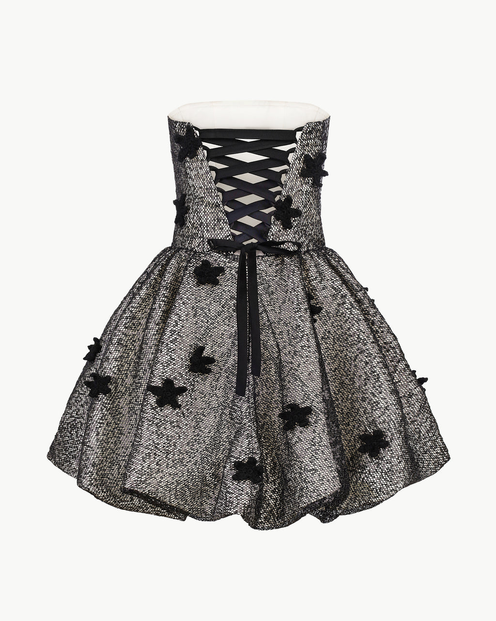 Sequin balloon-hem mini dress with crochet florals in black