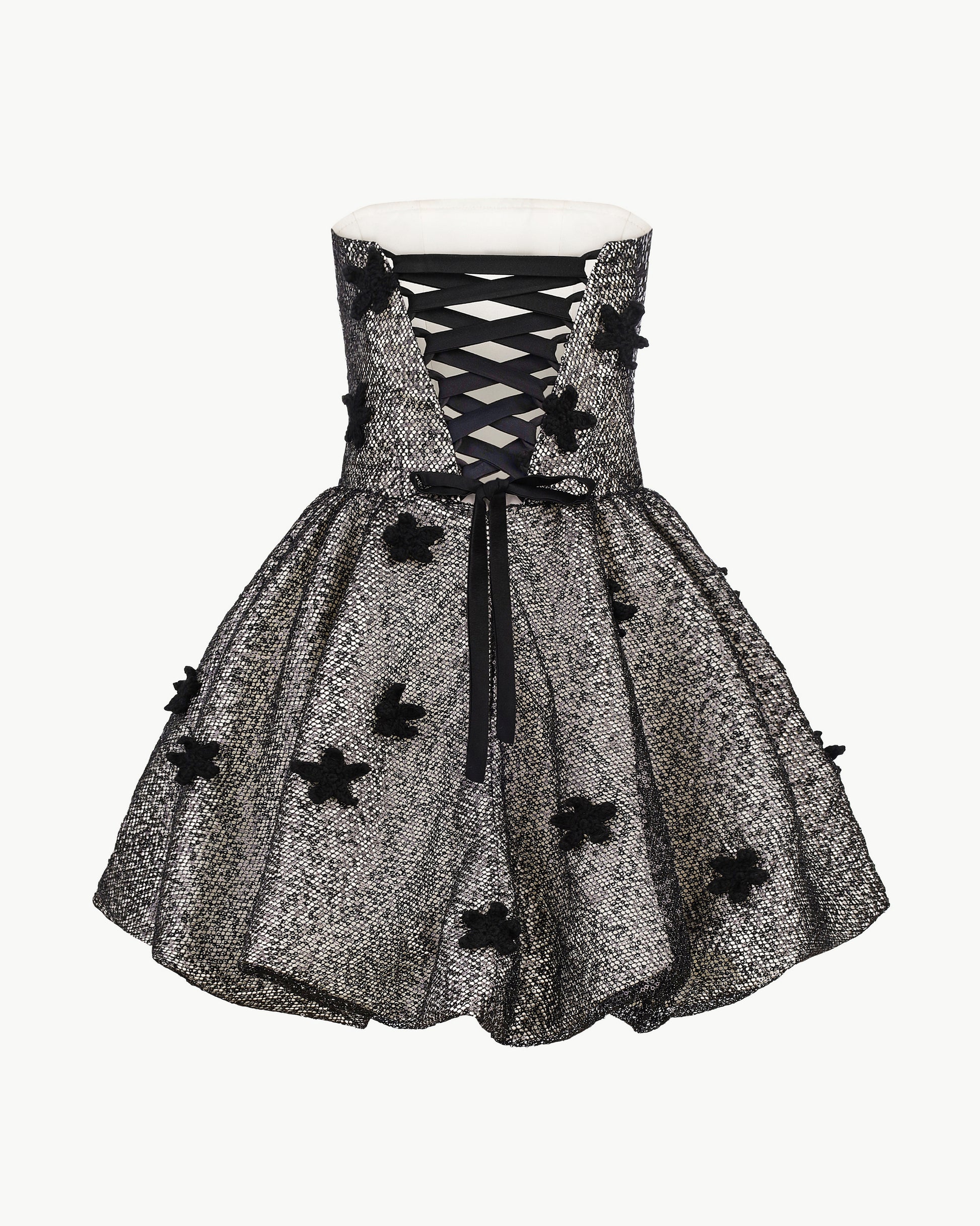 Sequin balloon-hem mini dress with crochet florals in black