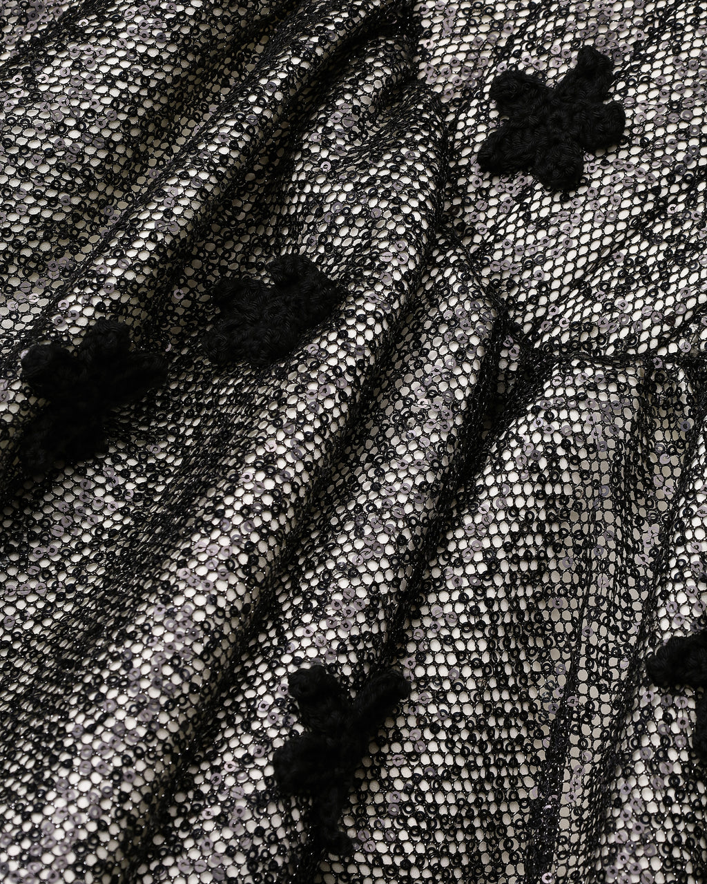 Sequin balloon-hem mini dress with crochet florals in black