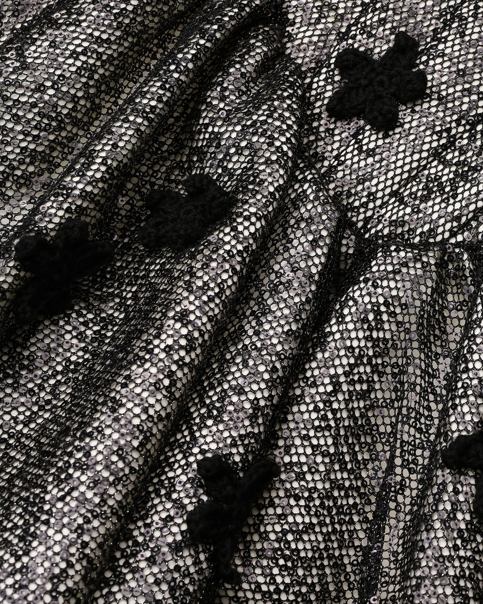 Sequin balloon-hem mini dress with crochet florals in black